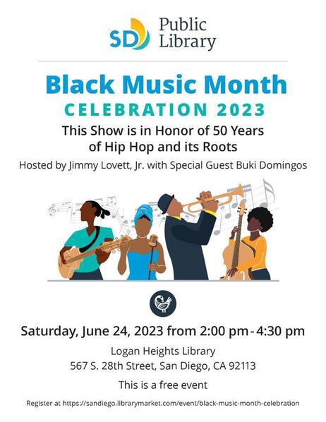 Flyer: Black Music Month celebration at San Diego Public Library with special guest Buki Domingos