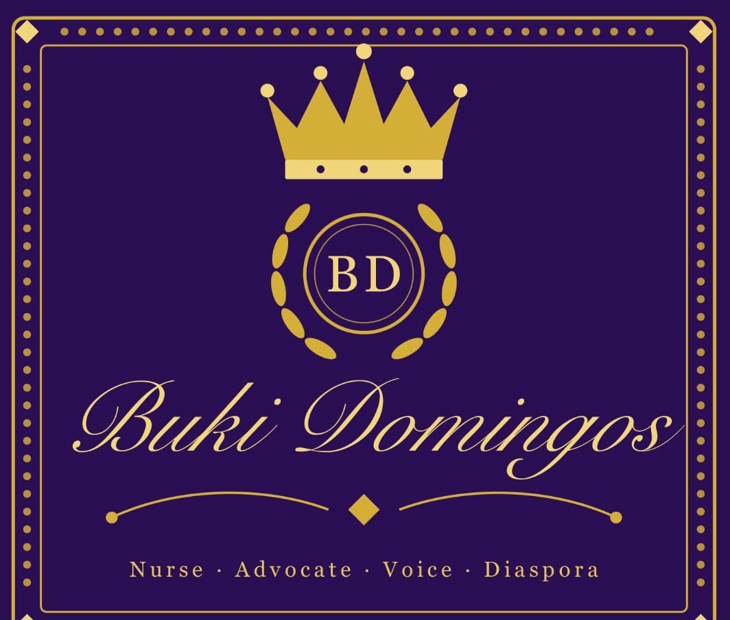 Buki Domingos logo: a gold crown above a BD monogram in a laurel wreath, with the words Nurse, Advocate, Voice, Diaspora